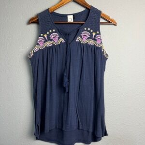 Anthropologie Akemi + Kin Embroidered Crochet Trim Tassel Tank XS Boho‎ Peasant